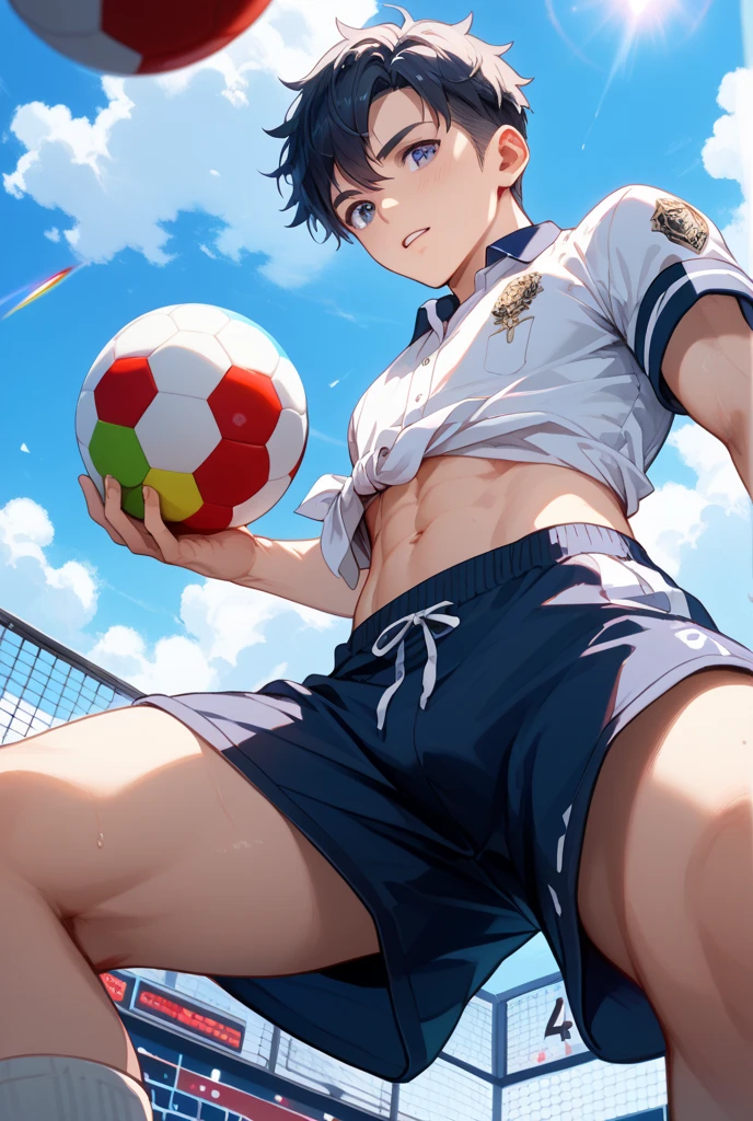 shirtless, super muscular, sweat-drenched body, 22-year old short black hair handsome caucasian male wearing sweat-drenched white soccer shorts and shoes, panting, lying on the ground of the soccer field