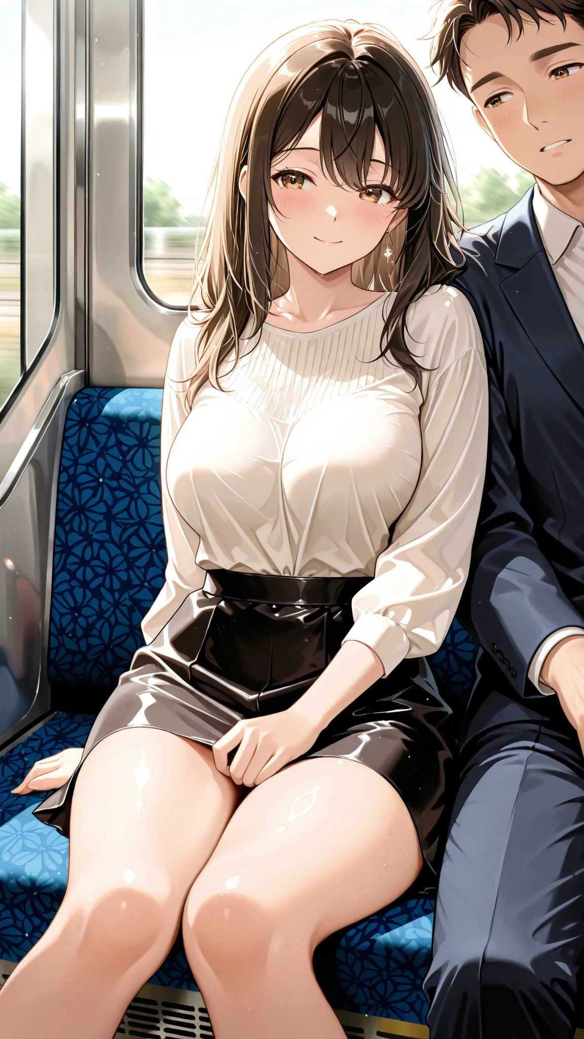 nsfw,hyperrealistic anime,adult curvy gyaru,tanned gyaru,casual boy holding woman in arms and grabbing breast,standing,groped by boy at train,dark brown hair,earring,plain off-the - blouse,patterned short skirt,boy groping woman,(woman suffering) and boy laughing