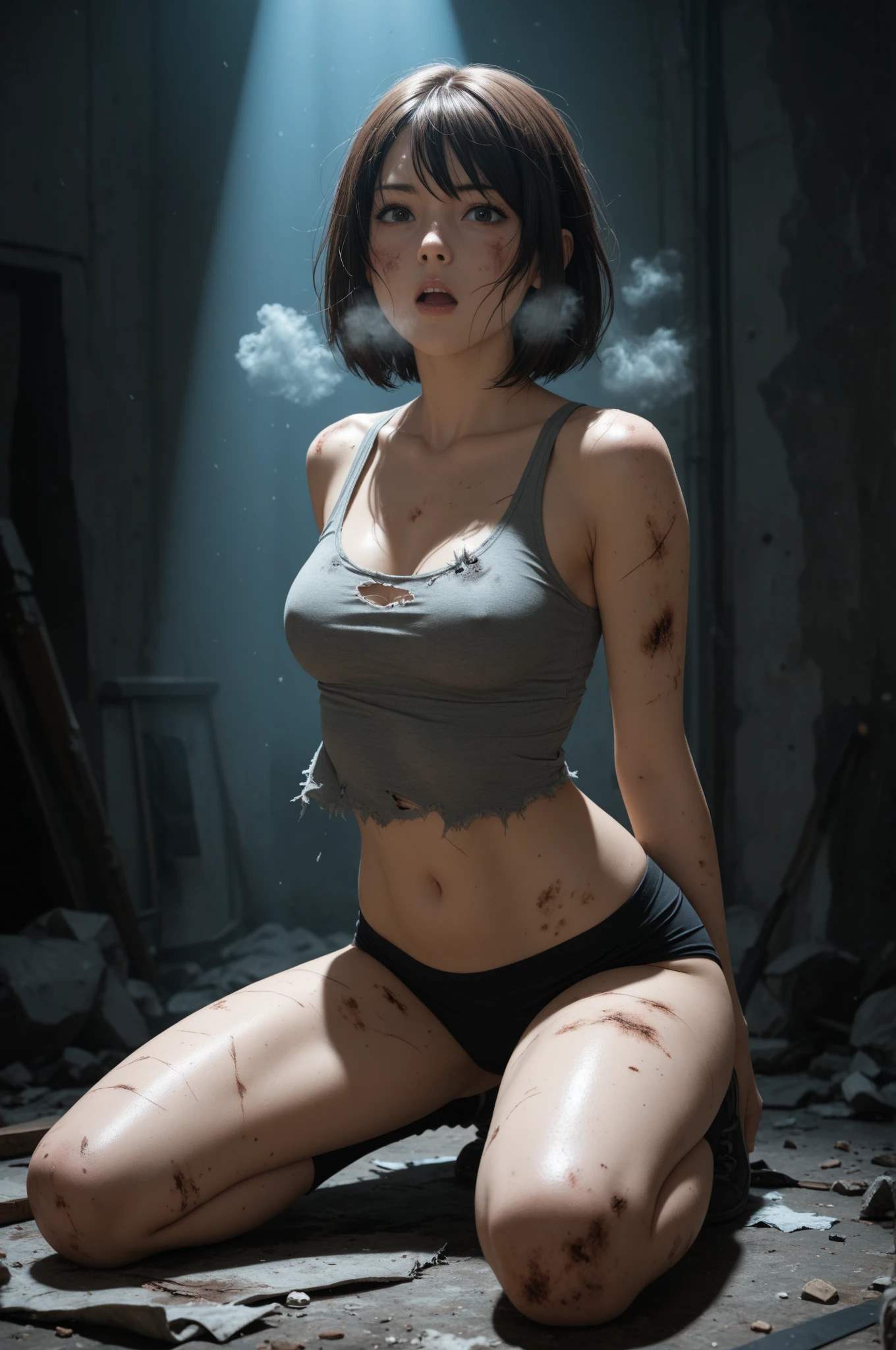 Giantess、nude、Idol、Nude Model、actress、Beauty、Black Hair、Curled short hair、Painful face、pain、Slut、Lewd、Beautiful eyes、blush、steam、Detailing the eyes、sexyポーズ、high resolution、High quality、Anatomically correct、Aerial image、Destroyed City、City of Rubble、Run over、Get excited、High tension、Crush、On all fours、inflammation、Black smoke、crowd、Dark atmosphere、Scary atmosphere、Giga Size、sexy、Looming、Great impact、Breaker、Destroy buildings
