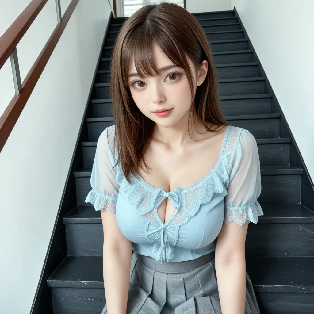((((highest quality))))、(((Ultra-precision CG16K wallpaper)))、(((masterpiece)))、(((Super detailed)))、(((Extreme detail)))、((１Mature 29 year old woman:1.6))、((Very beautiful Japanese faces))、((Zuo々Nozomi:1.5))、((Straight medium hair、blunt bangs:1.5))、(Shiny brown hair)、Beautiful delicate eyes、Brown Eyes、eyeliner、Eyeshadow、High nose、Small nostrils、Small Mouth、Seductive lips、Beautiful breasts、((C cup size breasts))、Cleavage、Beautiful feet、eight-headed body、Perfect proportions、Perfect Anatomy、Perfect composition、Beautiful detailed shading、Beautiful, natural lighting、Beautiful detail glow、Depth of written boundary、(((High chroma)))、(((Real:1.9)))、((vivid:1.5))、((Beautiful Skin))、((Skin Texture))、((Realな皮膚感))、(((Cowboy Shot:1.6)))、((front view、shoot from front、Front low angle:1.6))、(((smile:1.4)))、((The woman is looking at this、looking at viewer、Facing forward:1.6))、Bright daylight、Natural light、(((Inside the train、seat:1.5)))、(Sitting pose:1.6)、(((Light blue collared lace frilled shirt、Pleated mini skirt clothing:1.6)))、((Wide Hair Band、Earrings、Wearing a necklace:1.5))、(((女性は電車のseatに座っている:1.6)))、