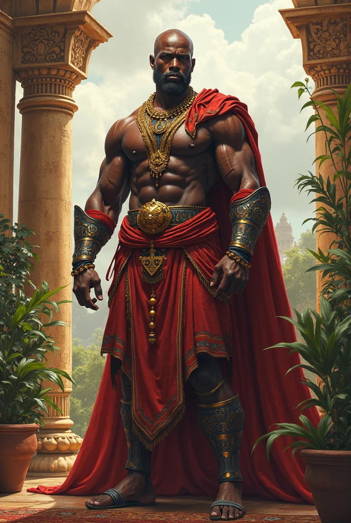 Muscular 4 African man with golden crown red king cape double axe in hand standing full length with brick tower behind