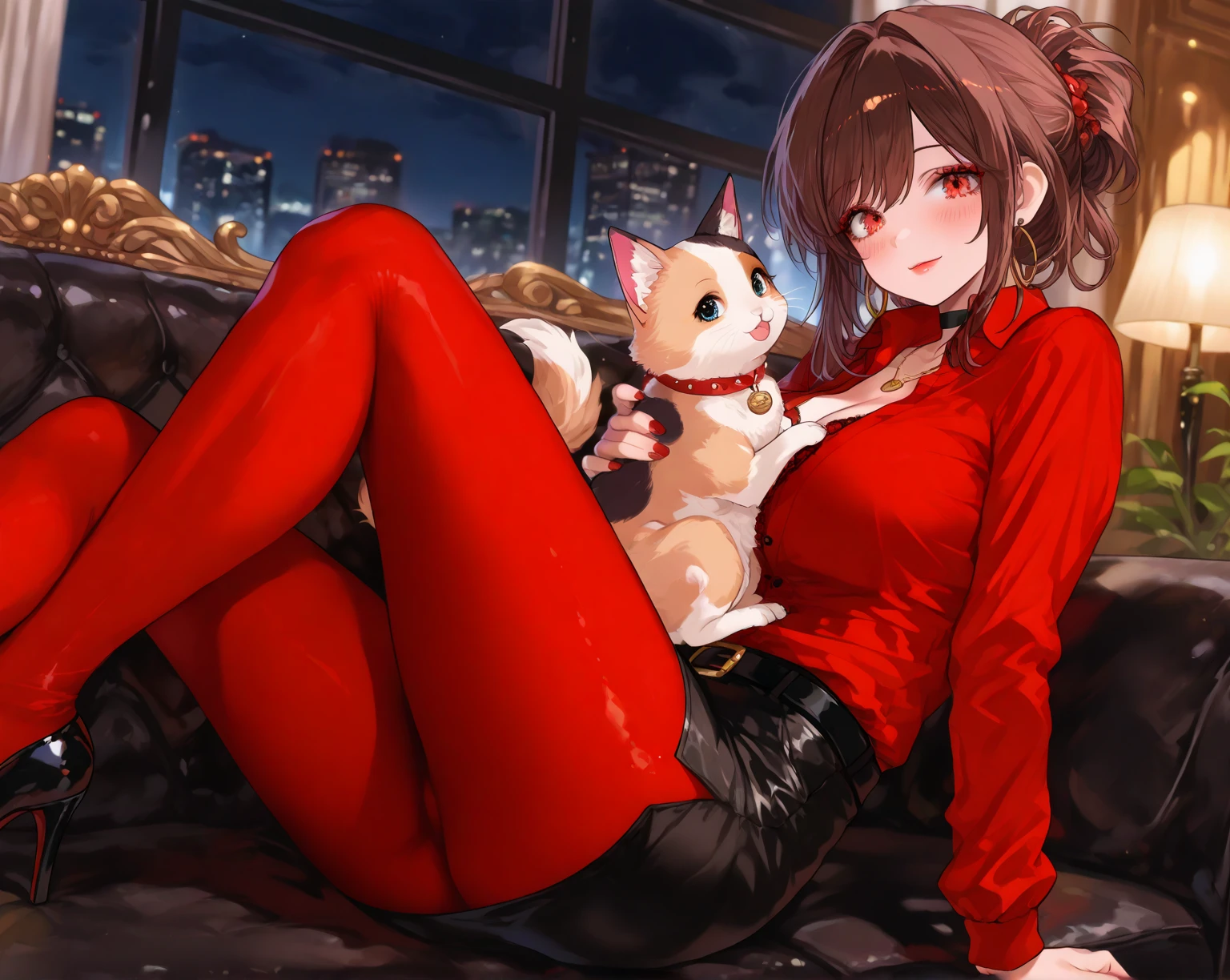 Girl1, Big Breasts, Light brown short hair with outward curls, Mischievous Smile, Red Eyes, Animal Ears, Red Glasses, Black and red design hoodie, Under the sunset sky,