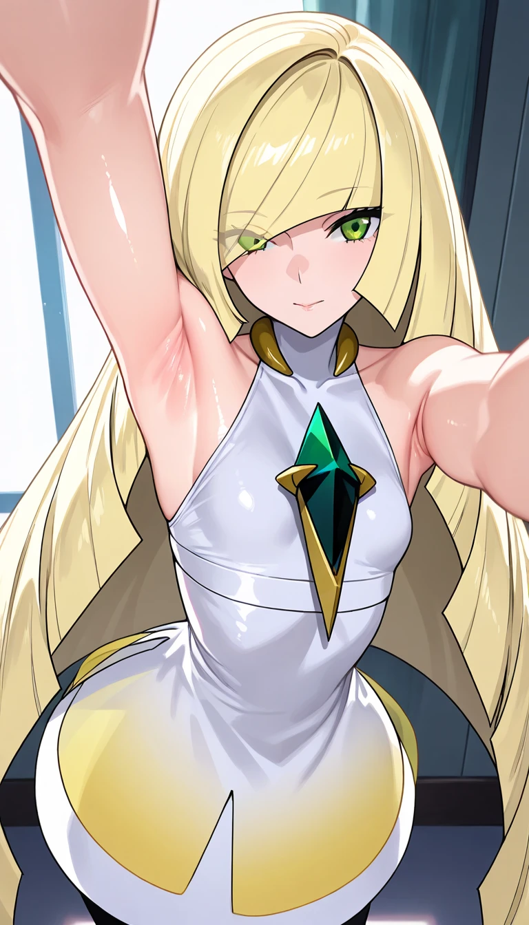 pokemonlusamine, pokemonlusamine, blonde hair, (green eyes:1.5), hair over one eye, long hair, multicolored hair, streaked hair, very long hair, smile,
BREAK bare arms, diamond (shape), dress, gem, green gemstone, leggings, short dress, sleeveless, sleeveless dress, white dress, white leggings,
BREAK looking at viewer, upper body, full body,
BREAK indoors,
BREAK (masterpiece:1.2), best quality, high resolution, unity 8k wallpaper, (illustration:0.8), (beautiful detailed eyes:1.6), extremely detailed face, perfect lighting, extremely detailed CG, (perfect hands, perfect anatomy),