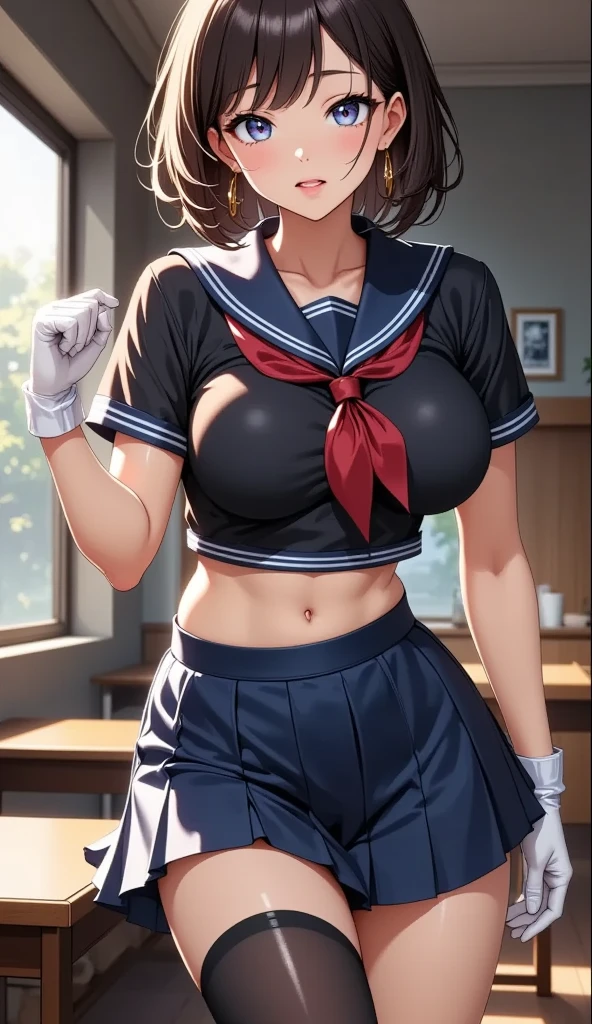 アニメ,Perfect Anatomy,Suguha Kirigaya,1female,crossed eyes,(rolling eyes),open mouth,(tongue out),(crying),(highleg),((micro skirt)),short hair,large breasts,(slim body)