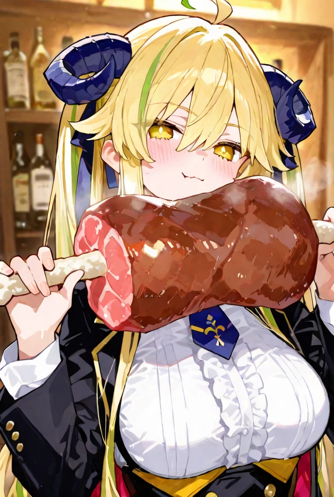 1girl, nsfw, houjousatoko, short hair, blonde hair, purple eyes ,hairband, empty eyes ,(wearing nothing:1.5), large breasts, ,Slicing meat, nipple, church, , bedroom, blue sky,, , Peeing, lactation, projectile lactation