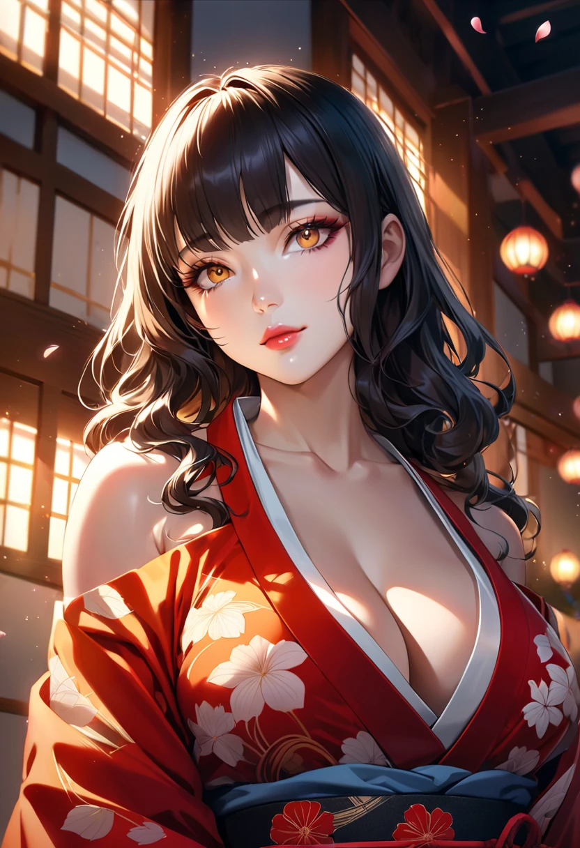 ((Best Quality)), ((masutepiece)), (Detailed), Perfect face A detailed face younggirl cleavage of the breast red eyes long, thick black hair Blunt bangs Solid background color Stand and pose wear kimono
