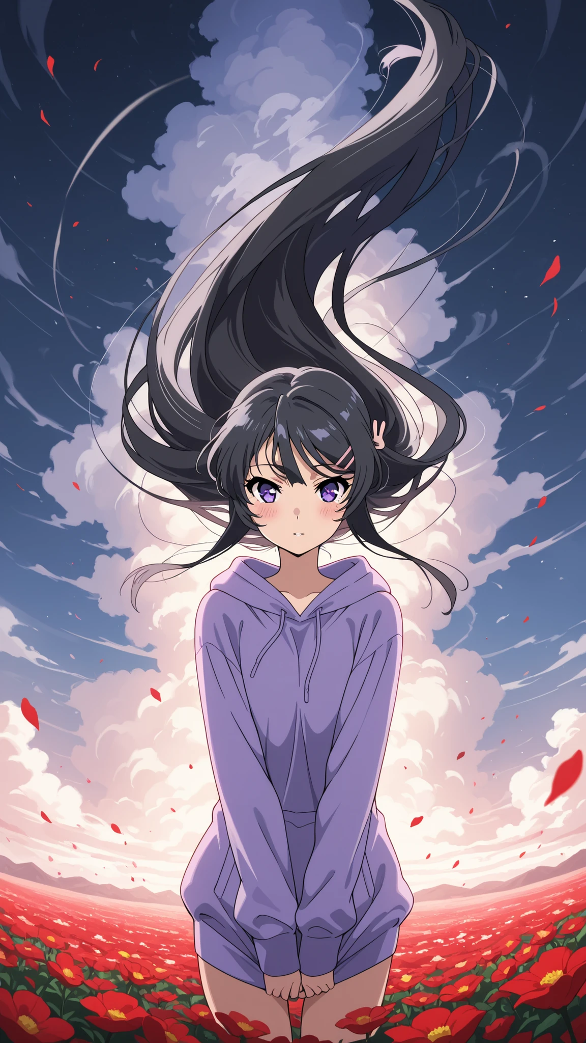 BREAK (masterpiece:1.2), best quality, high resolution, unity 8k wallpaper, (illustration:0.8), (beautiful detailed eyes:1.6),Twisting clouds forming a cyclone  
above an open red flower field,  
flowers bending sharply under wind pressure,  
air filled with dust and petals,  
surreal tension in the air,  
anime-style concept art, wide-angle cinematic view,mai sakurajima, long hair, bangs, black hair, hair ornament, purple eyes, hairclip, rabbit hair ornament,purple hoodie,blush, seductive expression,floating hair,looking at viewer,cowboy shot,seductive pose,