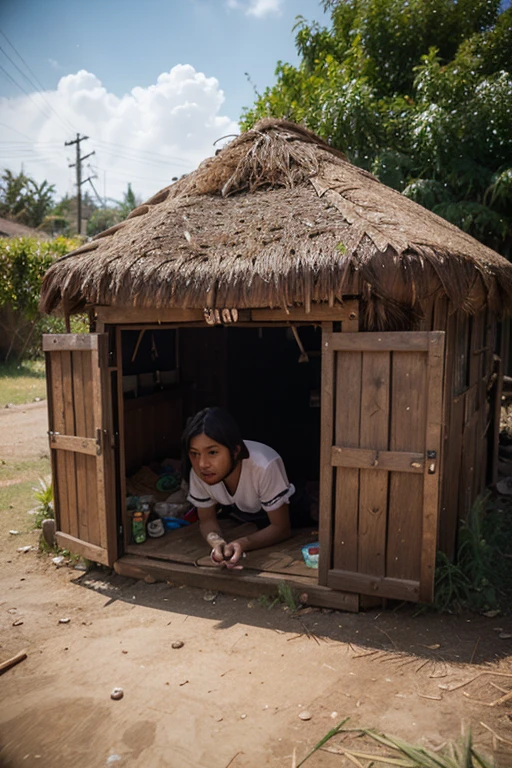 Asian children reading in cannonball house,Minnan Architectural Village,world war 2,废墟,