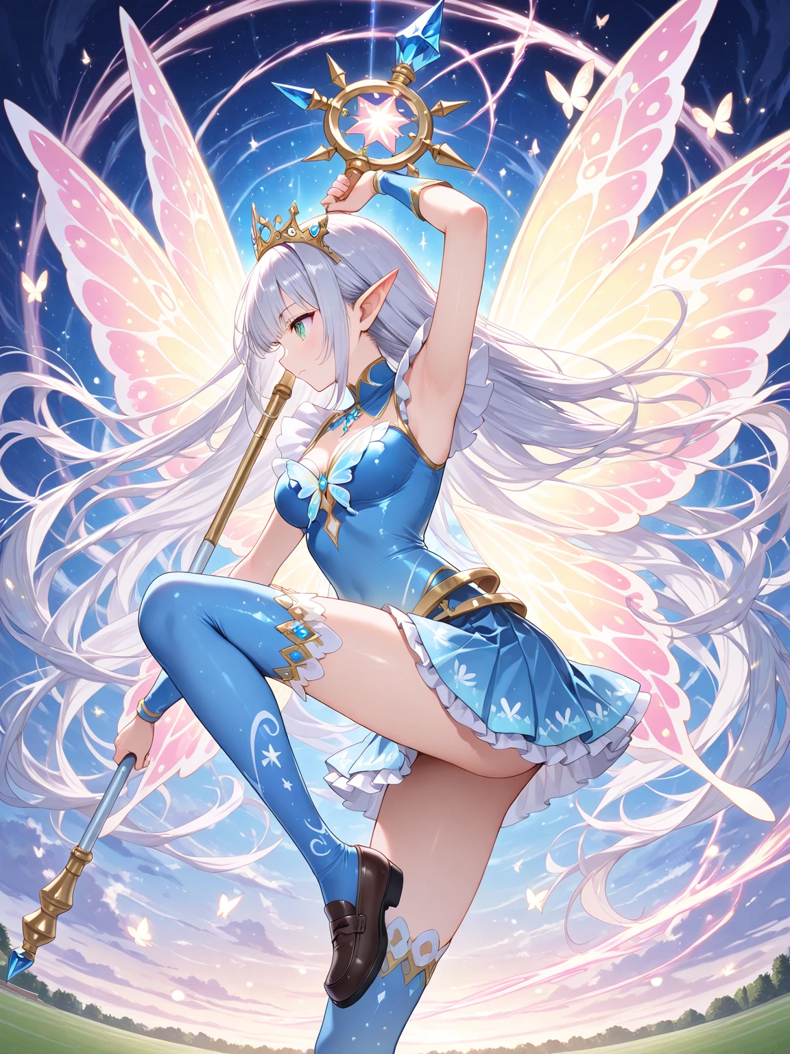 ((best quality)), ((masterpiece)), (detailed), 1girl, NSFW, long white grey hair, grey white eyes, very skinny, detailed, best quality, prominent collarbones, skinny arms, flat stomach, visible hip bones, small breasts, full body, red and white clothing, occult aesthetic, occult, detailed and intricate steampunk and detailed gothic, NSFW, Fluttering lace flared long knee length dress with frilly petticoats, knee length dress, pleated petticoats, petticoats gothic, complex lace boots, gothic aesthetic, wielding a mighty sword with mechanical components, mandalas, small breasts, a fairy, various different types of insect wings, bug wings, beetle wings, NSFW, full body, whole body, body, chains,