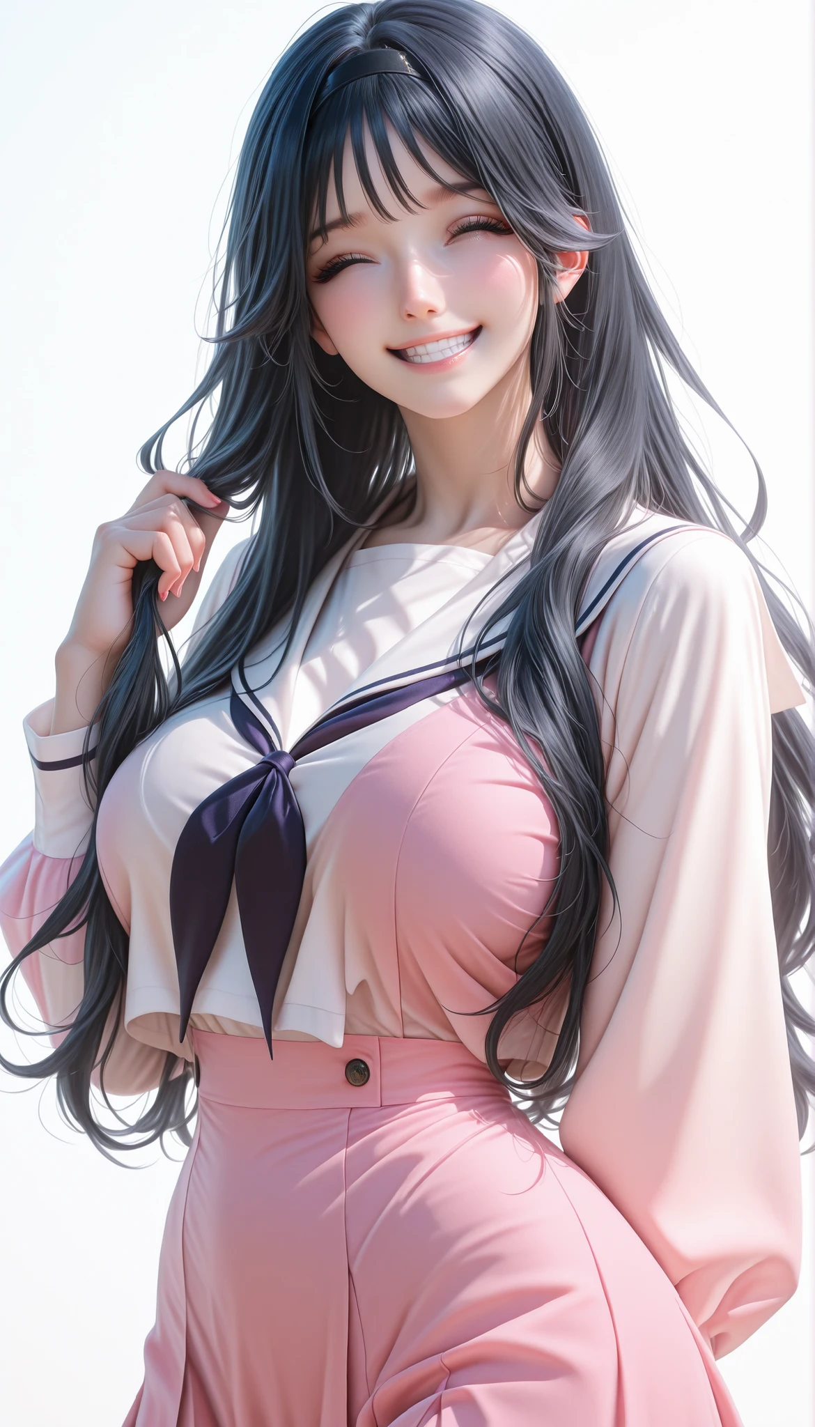 waguri kaoruko, black hairband, school uniform, pink dress, white sailor collar, white shirt, serafuku, petite anime girl, black hair, long hair, calm expression, wearing a refined, , wide curvy
1girl, solo, Hype4realistic, Realistic, Ultra-Realistic, looking at the viewer, half body, closed eyes, smiling, teeth, holding hair with her one hand (left hand), four fingers in one hand