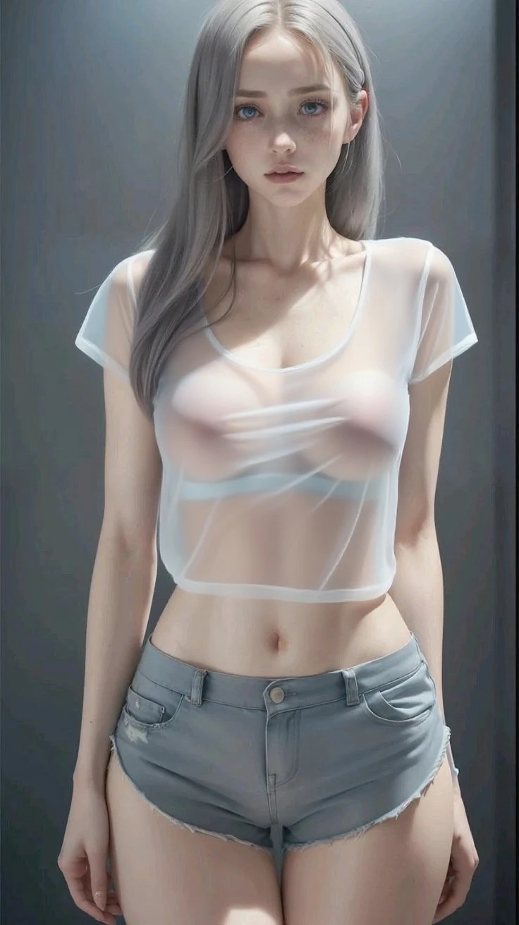 Skinny, pitite, 16 year old girl, heavy rain, tight white cropped t-shirt, short shorts, NSFW, soaked clothes, blonde ponytail hairstyle, cold day, erect nipples