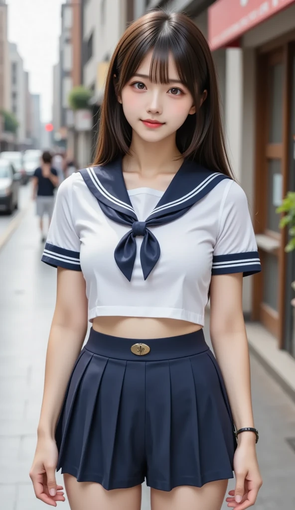 (best quality, 8k, 32k, masterpiece, UHD:1.2), (RAW photo), (realistic), (photorealistic:1.2), (high resolution), huge filesize, ultra-detailed, extremely beautiful face & eyes, 1girl, japanese elementary school student,14yo, 13yo, 12yo, round small face, baby face, thin waist, beautiful belly skin, large breasts, slim proportions, perfect thin thighs, small butt, (darkblue pleated mini skirt, japanese sailor, sailor fuku, serafuku, japanese school sailor suit, sailor red neckerchief), nice hands, perfect hands, accurate hand depiction, sweaty, shy smile, pure white teeth, from below, (blue sky, summer, sun, beach, palm tree, outdoors),
