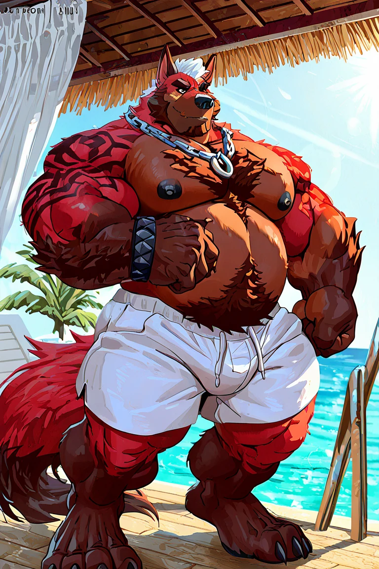 hi res,wolf,anthro,4 fingers,red eyes,horn, blurred background, bottomwear, clothing, life ring, lifeguard, male, muscular, muscular anthro, muscular male,nipples, tail, outside, palm tree, plant, red body, sea, shorts, solo, summer, (swim ring:1.4), tree, (water), detailed background,by milkytiger1145,by takemoto arashi,by null-ghost, lying on water, open smile, (tank top),hyper muscles,hyper pecs bigger than head:1.5