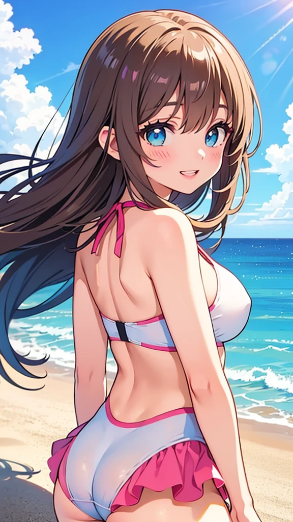 1 beautiful girl wearing a sexy bikini, anime girl, white flowered pink bikini, running on the beach, playing with water, blue sky with white cloud, turquoise blue sea, white sands, coconut palm trees, big round breasts, slim waist, beautiful legs, shapely thighs, thin arms, slim body, defined body, sexy girl, brown hair, bangs, long hair, messy hair, twintails, wavy hair, expressive hair, hair strand, shiny hair, hair ornament, lolita hairband, aqua eyes, pupils sparkling, earrings, smile, open mouth, blush, tongue, seductive smile, high detail, anime, anime style, dithering, image fill, depth of field, glowing light, outside border, pov, first-person view, from below, atmospheric perspective, panorama, Wide-Angle, f/1.8, 85mm, Nikon, 8k, super detail, UHD, masterpiece, anatomically correct, super detail, high quality, best quality