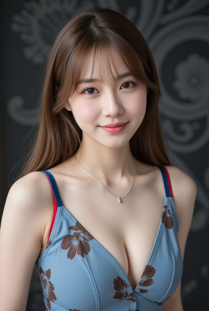 ((Highest quality, 8k, realistic photographic expression、masterpiece: 1.3))、（(very lean figure:1.2、Slender body)）、(((Perfectly pretty face、Detailed and sharp face、Anatomically correct、45-year-old Japanese woman、charisma)))、(Slim and toned waist:1.3),(((Large saggy breasts、Beautiful cleavage)))、((Brown straight long hair、With bangs))、((Elegant lace underwear、Royal blue satin fabric))、Perfect Makeup、((A kind smile))、Thin legs, Small face with pointed chin、Rough skin、Wrinkles around the eyes、Glowing Eyes、Long droopy eyes、necklace, (Professional cool lighting:1.3)、From the side、(Waist to head:1.2))、cool and simple wall background