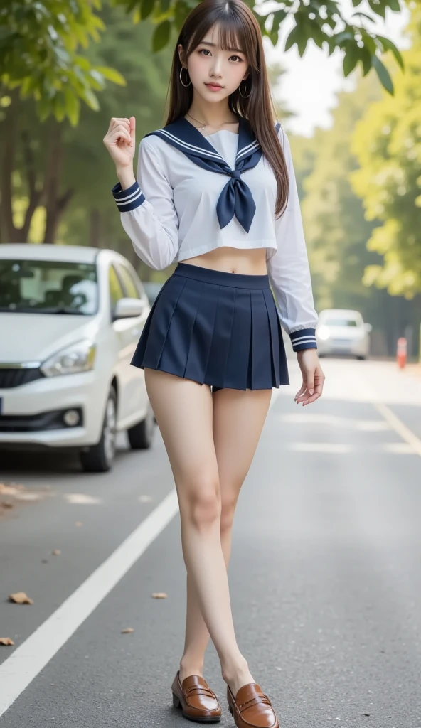high school girl　No sleeve　mini skirt　Pose with armpits visible　squat　Leg spread　Open Leg　City　The underwear turns into liquid　Cloudy mucus all over the body　it&#39;s raining　Wet Uniform