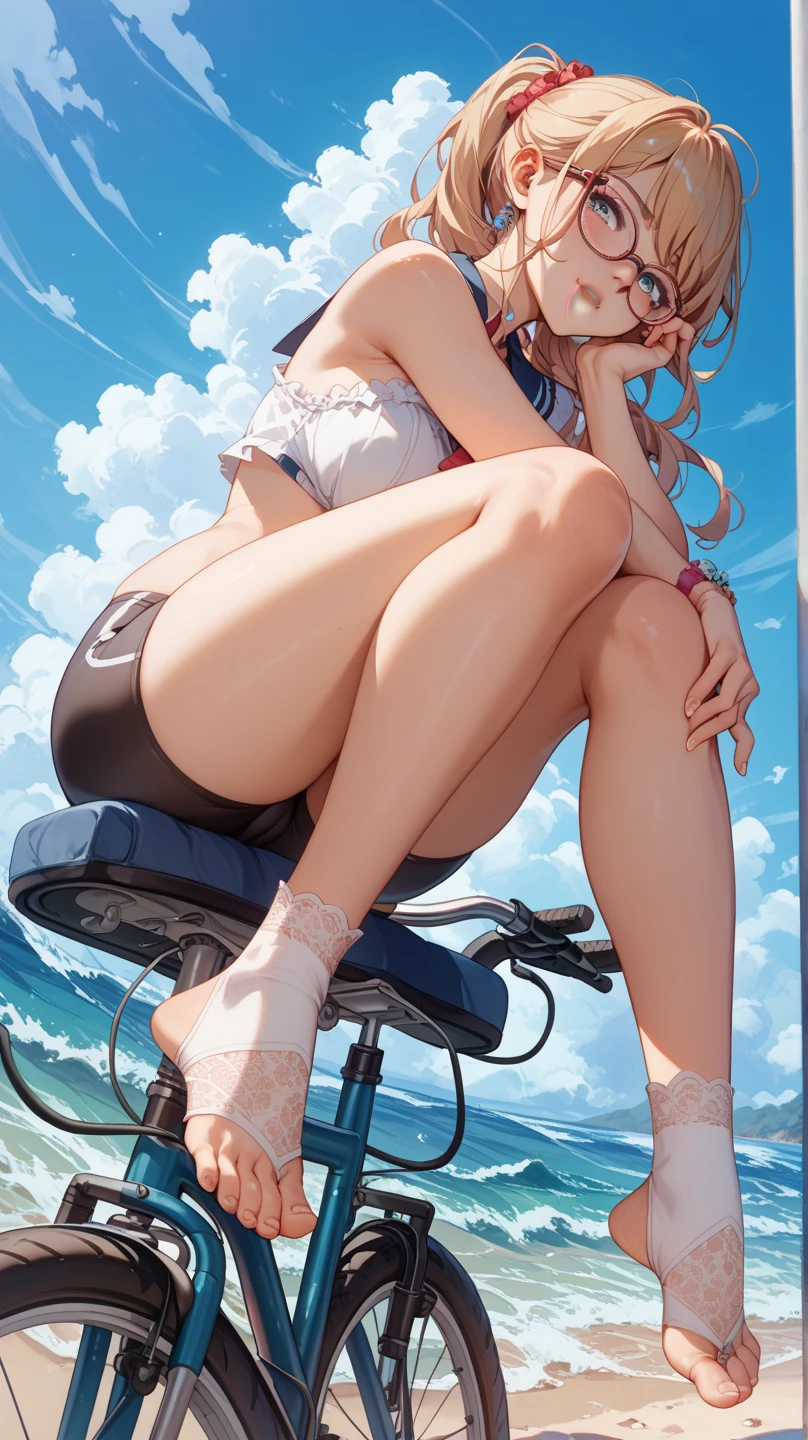 long legs，thin waist，Big breasts，oval face，Small Eyes，Bangs，Smile，short hair，bikini，white bra，pink，black sock