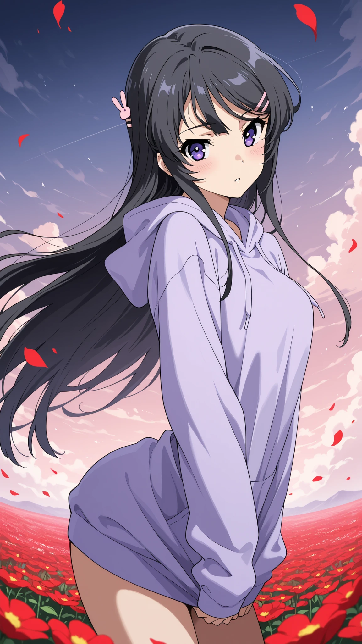 BREAK (masterpiece:1.2), best quality, high resolution, unity 8k wallpaper, (illustration:0.8), (beautiful detailed eyes:1.6),Twisting clouds forming a cyclone  
above an open red flower field,  
flowers bending sharply under wind pressure,  
air filled with dust and petals,  
surreal tension in the air,  
anime-style concept art, wide-angle cinematic view,mai sakurajima, long hair, bangs, black hair, hair ornament, purple eyes, hairclip, rabbit hair ornament,purple hoodie,blush, seductive expression,looking at viewer,cowboy shot,seductive pose,arched back