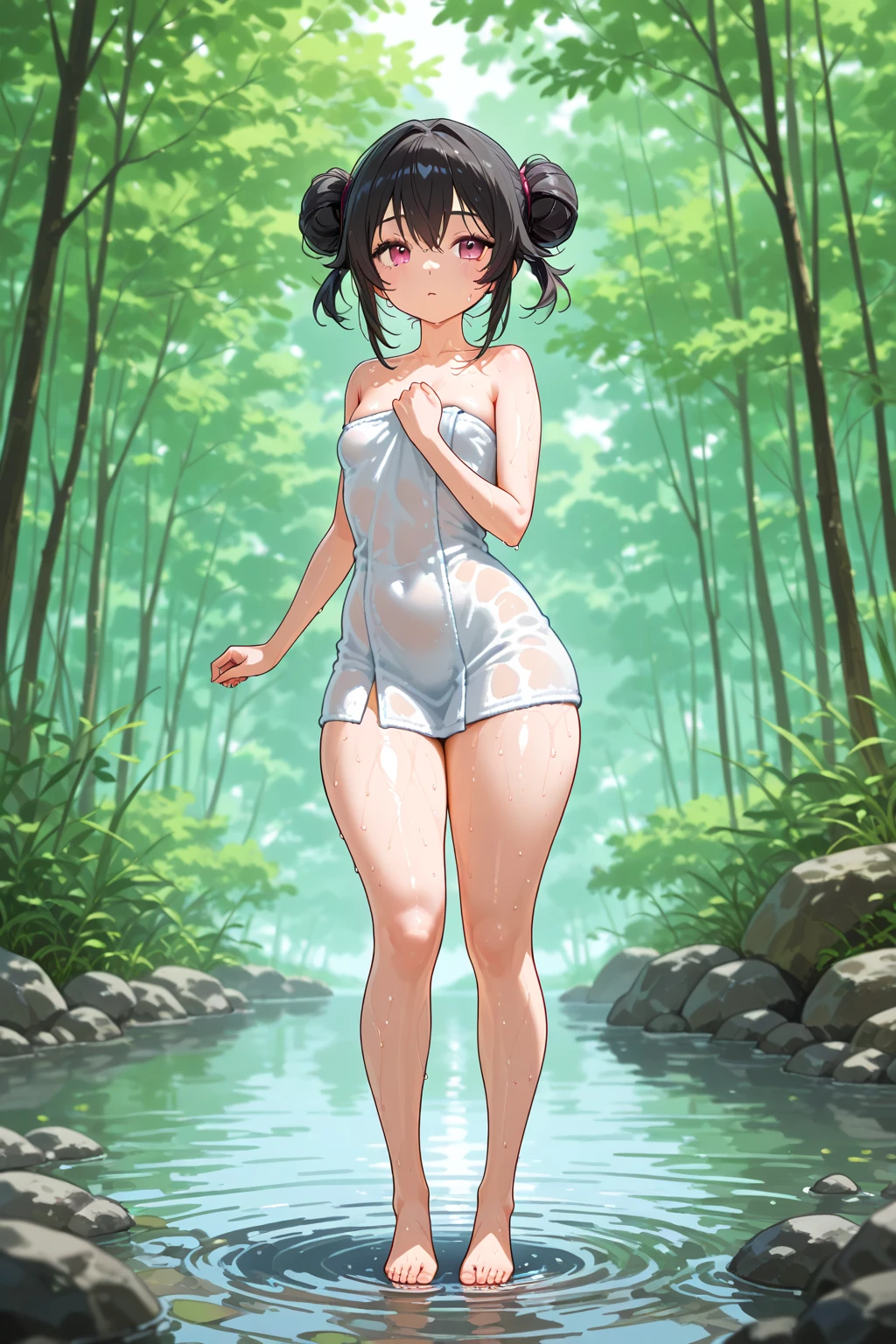 High resolution, blush, Crying face、despair、Highest quality, Anatomically correct, Portraits, Swimwear、anime、Broad perspective、whole body、Inside the car wash、Two very thick rods made of multiple layers of green pleated fabric、A thick pole made of layers of green pleated fabric hangs horizontally overhead.、being surrounded