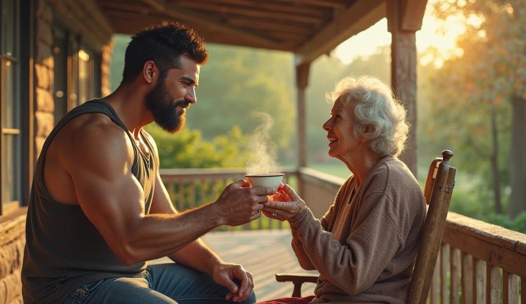 Joven Handsome con cara linda, Handsome, delgado, shirtless sitting on top of the window looking at his grandmother while his grandmother knits for him, hombre Handsome 