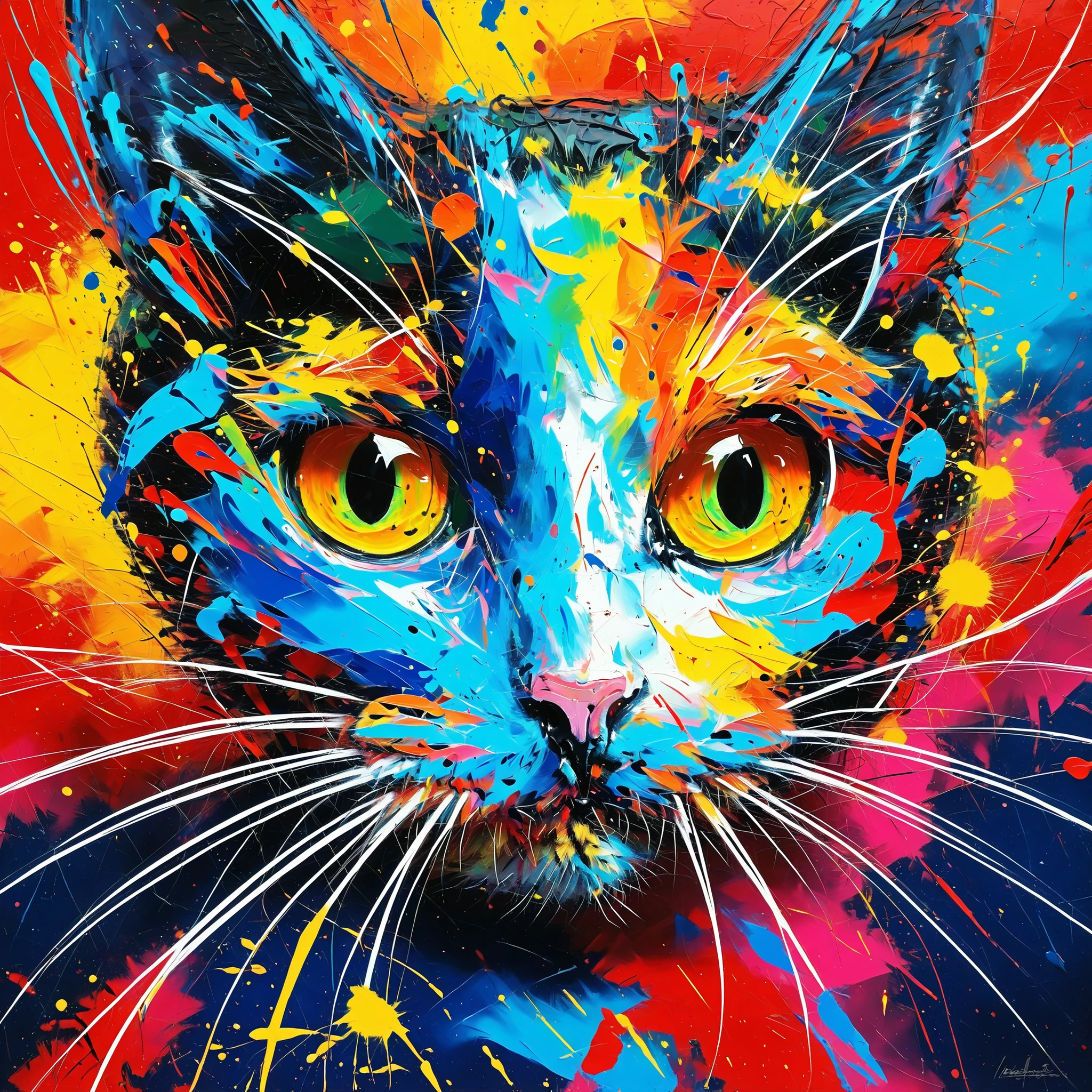 glowneon,glowing,sparks,lightning,rugged paint texture、Cat drawn with oil paint、Full Body、Texture of rough paint facing diagonally upwards、colorful、colorfulな毛並み、Impasto（Impasto）、 sputtering 、ultra-fine painting,brightly colored,Mysterious Atmosphere,digital art,Professional Finish、