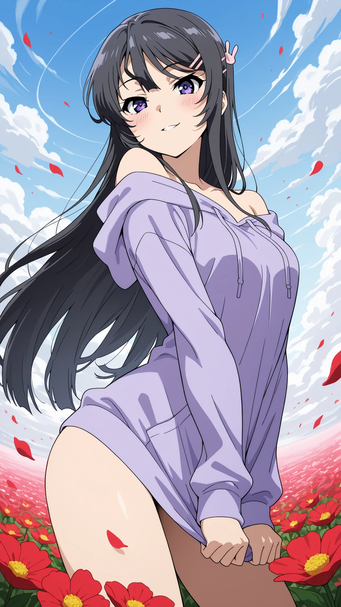 BREAK (masterpiece:1.2), best quality, high resolution, unity 8k wallpaper, (illustration:0.8), (beautiful detailed eyes:1.6),Twisting clouds forming a cyclone  
above an open red flower field,  
flowers bending sharply under wind pressure,  
air filled with dust and petals,  
surreal tension in the air,  
anime-style concept art, wide-angle cinematic view,mai sakurajima, long hair, bangs, black hair, hair ornament, purple eyes, hairclip, rabbit hair ornament,purple hoodie,blush, seductive expression,looking at viewer,cowboy shot,seductive pose,arched back,bare shoulder,no pants,from below,smile
