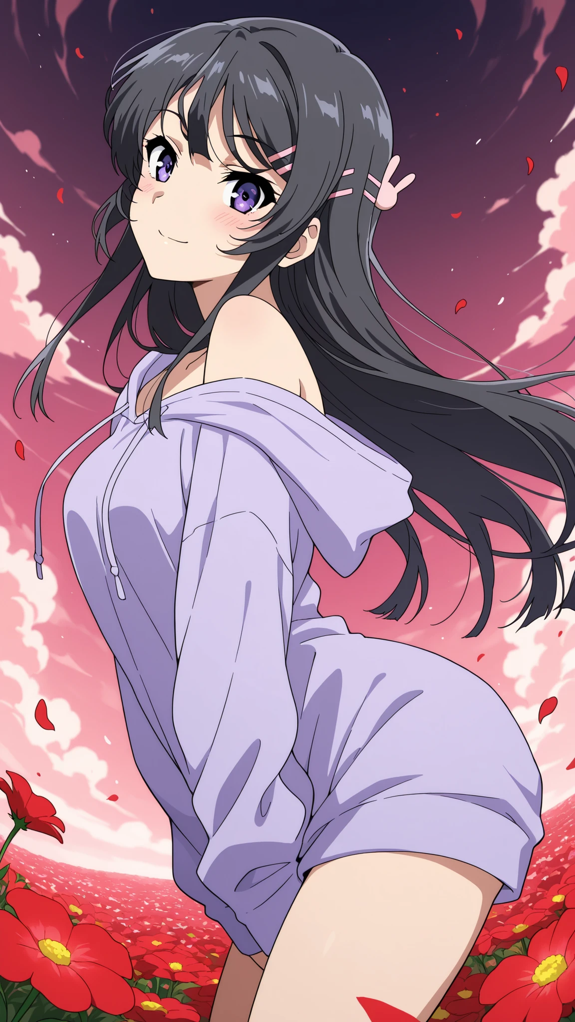 BREAK (masterpiece:1.2), best quality, high resolution, unity 8k wallpaper, (illustration:0.8), (beautiful detailed eyes:1.6),Twisting clouds forming a cyclone  
above an open red flower field,  
flowers bending sharply under wind pressure,  
air filled with dust and petals,  
surreal tension in the air,  
anime-style concept art, wide-angle cinematic view,mai sakurajima, long hair, bangs, black hair, hair ornament, purple eyes, hairclip, rabbit hair ornament,purple hoodie,blush, seductive expression,looking at viewer,cowboy shot,seductive pose,arched back,bare shoulder,no pants,from below,smile