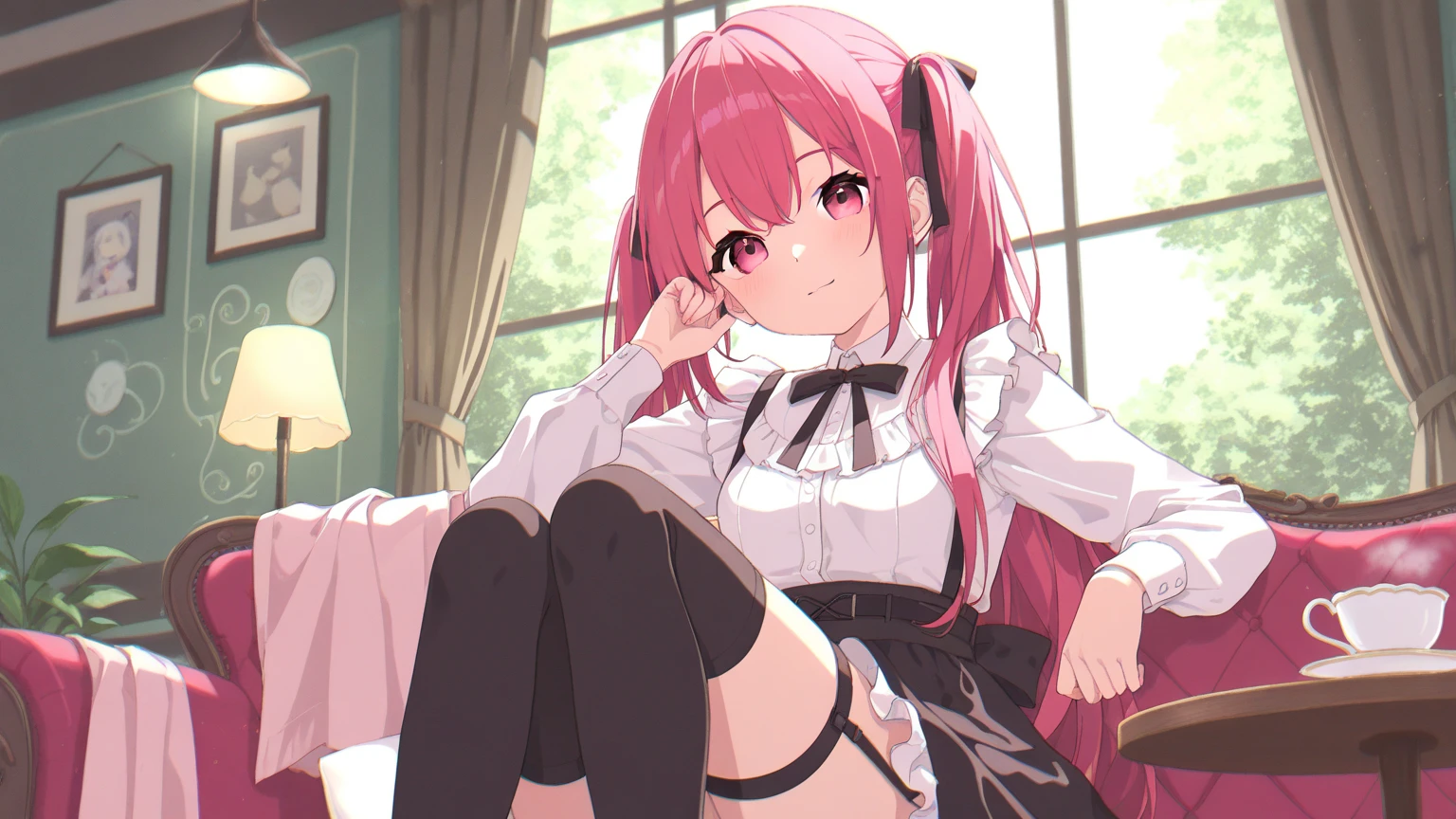 1girl,animal ears,bangs,black choker,blush,bow,closed mouth,covered navel,curtains,feet,frills,green eyes,halo,hat,horns,hugging own legs,legs,legs up,lifted by self,long hair,looking at viewer,on bed,pantyhose,parted bangs,parted lips,pillow,pleated skirt,serafuku,shirt,sitting,smile,solo,thighhighs,toes,underwear,very long hair,white dress,white pantyhose,