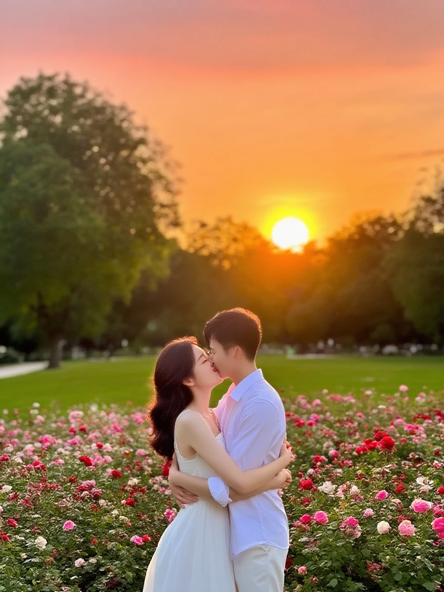 a 16 year old boy and a 16 year old girl, short hair, black color, Very curly, ribbon on the neck, Skinny body, small bust, Nude, hugged, lying down, the one above her, kissing, open legs, two hands, shows her legs, sitting on a hill at night, very starry sky, few trees, flowers illuminating, she very pretty.
