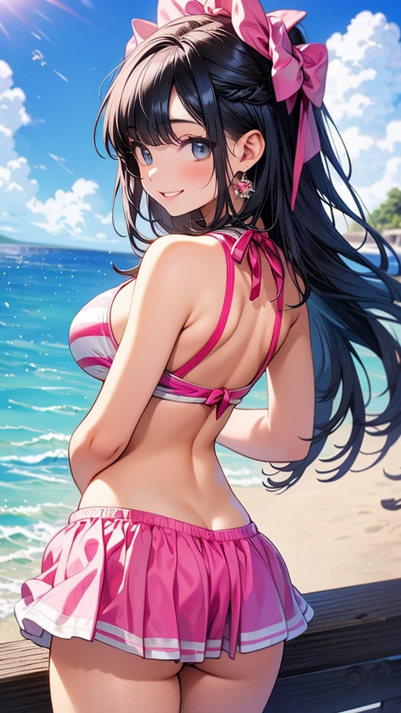 1girl, solo, bangs, black wavy hair, parted lips, brown eyes, long hair, smile, solo, two piece red halter swimsuit, sandy pier background, smiling, back turned 