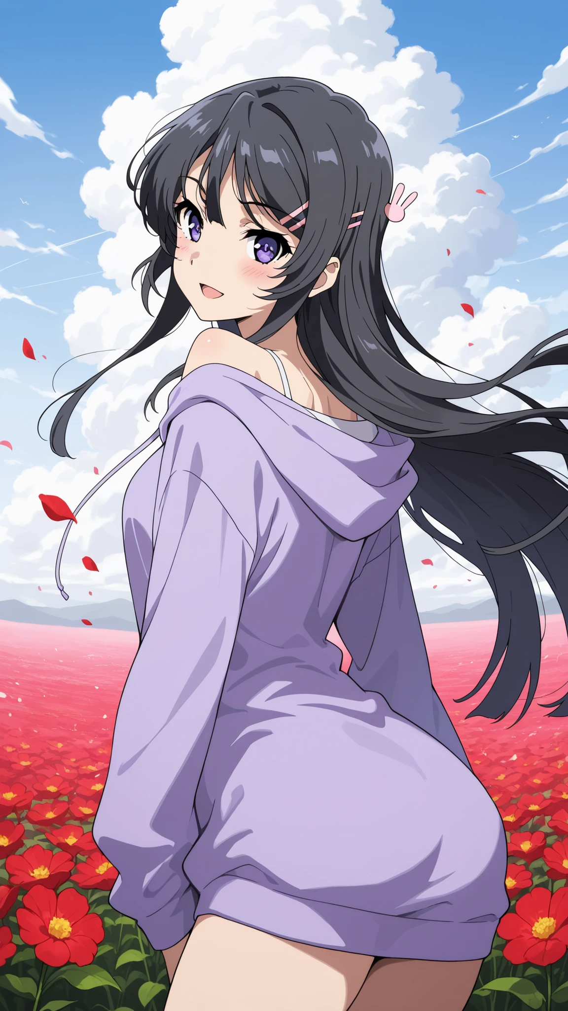 BREAK (masterpiece:1.2), best quality, high resolution, unity 8k wallpaper, (illustration:0.8), (beautiful detailed eyes:1.6),Twisting clouds forming a cyclone  
above an open red flower field,  
flowers bending sharply under wind pressure,  
air filled with dust and petals,  
surreal tension in the air,  
anime-style concept art, wide-angle cinematic view,mai sakurajima, long hair, bangs, black hair, hair ornament, purple eyes, hairclip, rabbit hair ornament,purple hoodie,blush, seductive expression,looking at viewer,cowboy shot,seductive pose,arched back,bare shoulder,no pants,from behind,photo from back,smile,open mouth