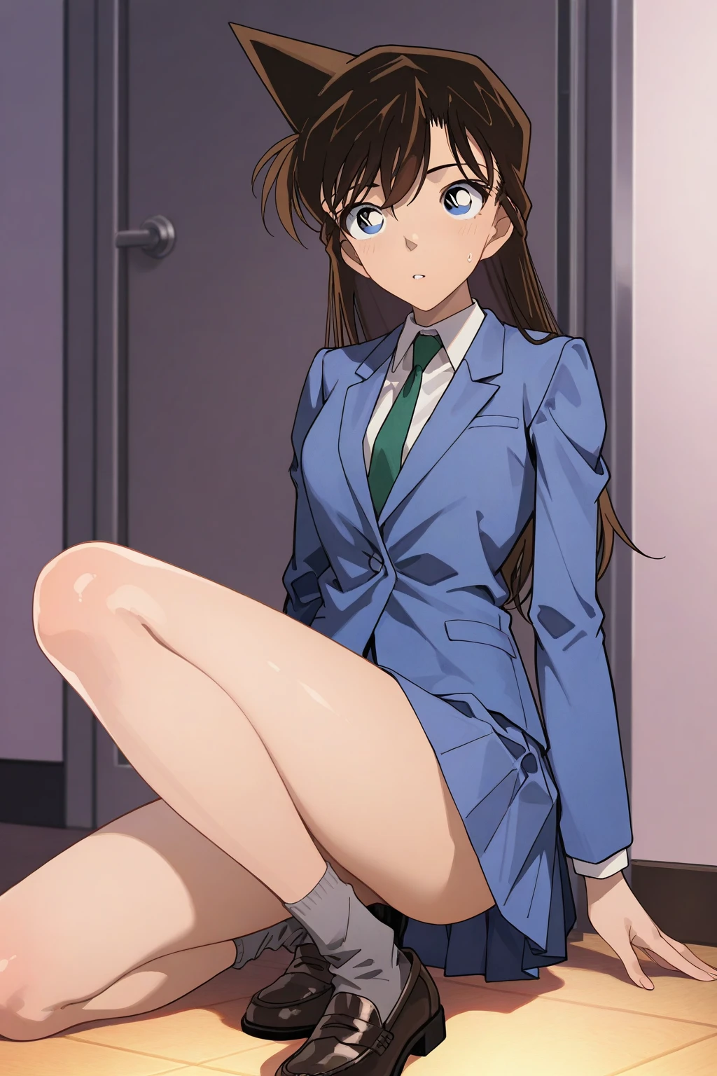 , (Spread your legs)、 (White panties), high school girl, Blue Uniform、Mini Skirt Police、White shirt, sunny, Mature Woman, Anime Cel Style, Highest quality, High resolution, One Girl, (Large Breasts:1.2), Beautiful Face, Beautiful fingers, Beautiful long legs, Beautiful body, Beautiful Nose, Beautiful character design, Black Hair, bangs, Maorilan, Show Viewer, Cowboy Shot, blush、Embarrassed look、Nipples are visible、