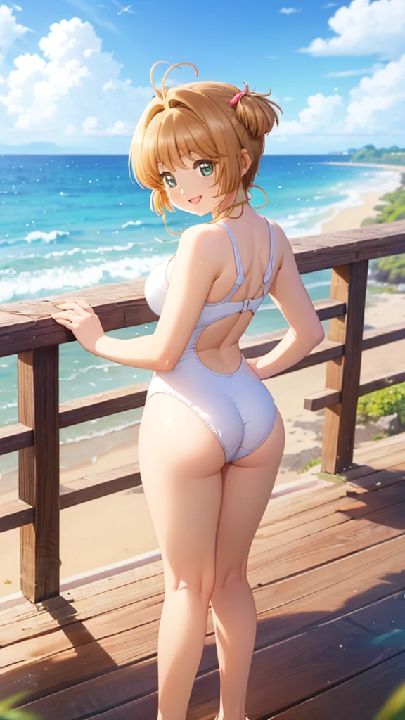 (((​masterpiece))), ((high resolution)), detail, red-haired girl, hypdertailed, greeneyes, breasts big, (((thick-thighs))), choker,micro bkini, beachfront, focus on the ass, standing up showing her ass, big-ass