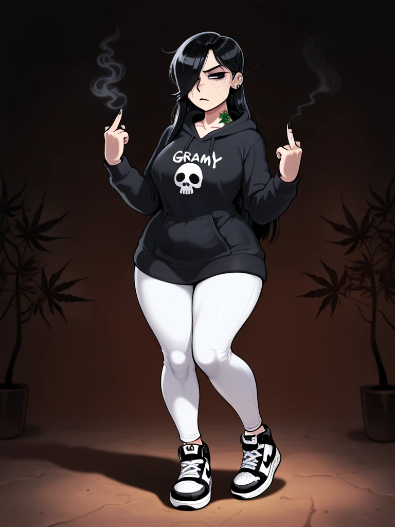 albedo,black hair,curvy body, medium breast,big thighs,wears oversized black jacket,grey shirt,no pants,arms in pocket,smoking cigars,midnight setting,manga art style, nsfw.