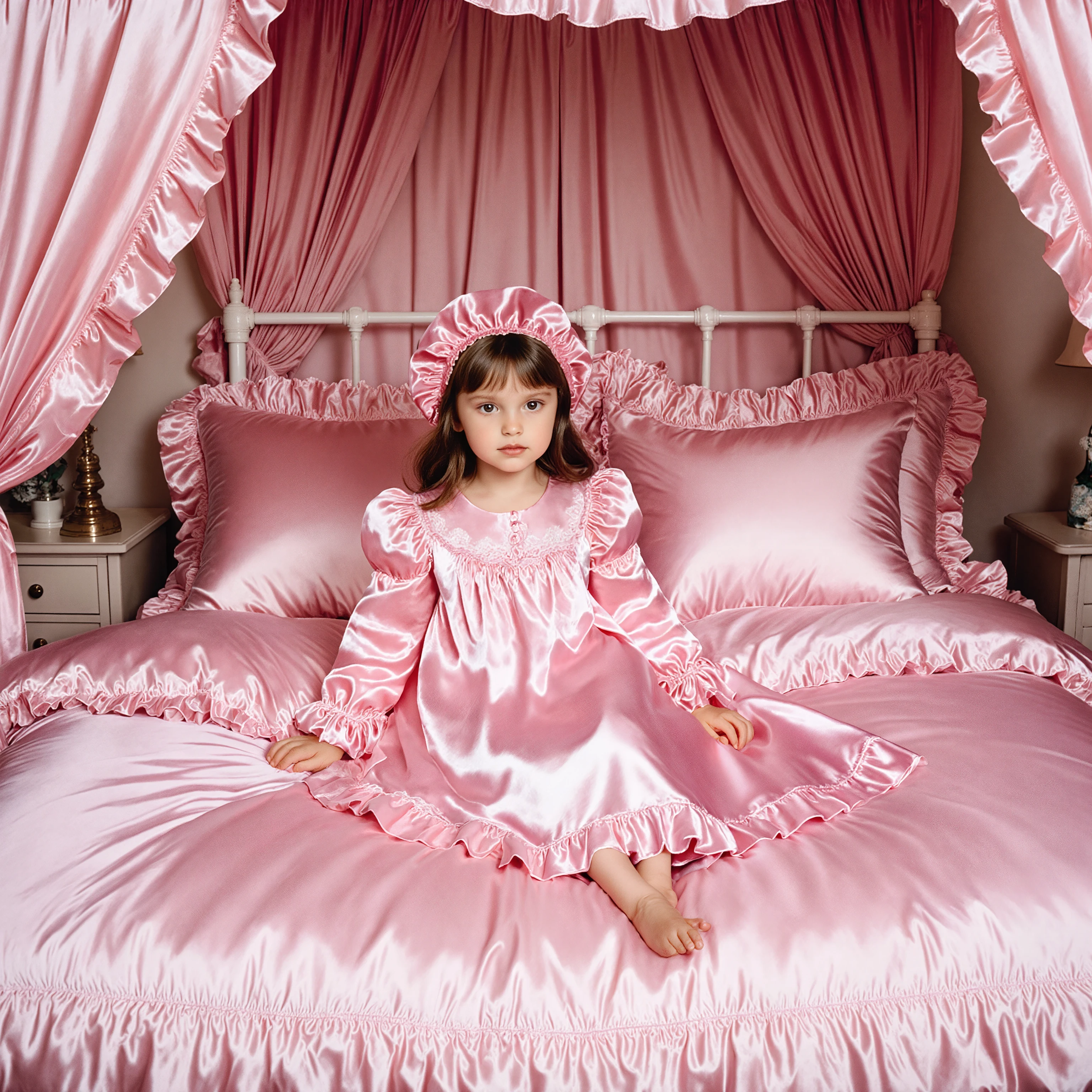 ((A American little girl on the bed,ten years old,plump quilted pink silk satin nightgown,frilled mobcap:1.5)),long sleeves,frilled sleeves,a bed with a mountain of pink silk satin pillows,((sissy pink canopy bed,king size bed,more big bed:2.0)),lot of frilled pillows,more pillows,(( A plump qulited pink silk satin duvet and pillows:2.0)),ruffles lace silk.retro white pipe bed frame, A large silk satin ruffled duvet covers the entire bed, 