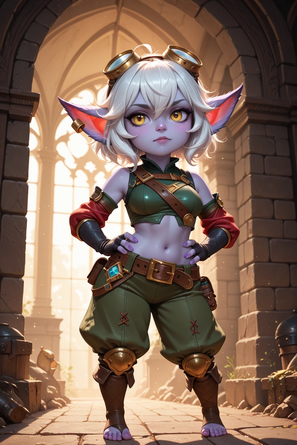  female orc, full body, green skin, muscle body, abdomen, white hair, pixie cut, halo, blue , flower on head, aqua eyes, thick legs, pointy ears, grin, crazy, Pixar, high detail, backlighting, ray tracing, depth of field, close-up, bokeh, Canon, UHD, high details, anatomically correct, super detail, 8k, best quality