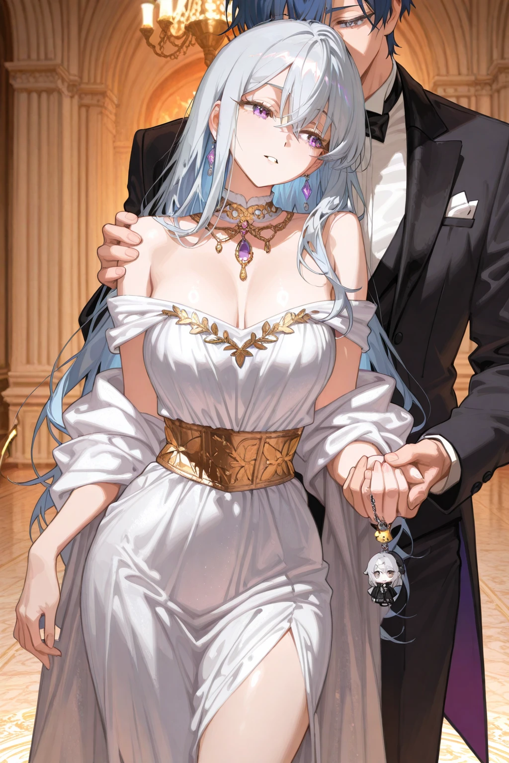 ((a colorful))、(top-quality、hight resolution、8k、​masterpiece:1.2)。(Princess appearance:Curvaceous but slender、Muchimuchi Body、small tits、stylish、accessorized、ornament detached、耳Nipple Ring、A bracelet、Eyebrows、double tooth、canine teeth、poneyTail、Fleshy lips、Muscular nose、Gorgeous dress、Half-taken dresses、Cover your face with your hands、embarrassed from、Cuckold、Realistic, Use something sexy、fear expression、 blushed face、crying how bright)、Detailed depiction of a very crowded dance ball、Detailed background inside a very crowded dance ball, (((Gentleman in tuxedo grinning muscular hugging princess from behind)))