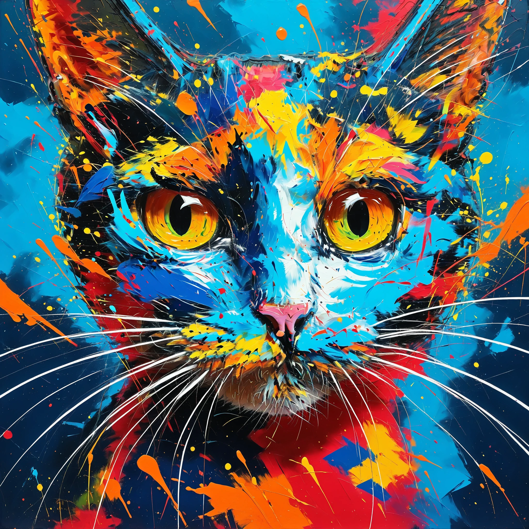 glowneon,glowing,sparks,lightning,rugged paint texture、Cat drawn with oil paint、Full Body、Cat with open mouth、open your mouth、Texture of rough paint facing diagonally upwards、colorful、colorfulな毛並み、Impasto(Impasto)、 sputtering 、ultra-fine painting,brightly colored,Mysterious Atmosphere,digital art,Professional Finish、Change the color left and right with the center as a border