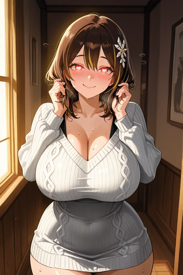 1 adult female、35-year-old woman、Huge breasts:1.5、sagging breast:1.5、Brown Hair、Light red eyes、Wavy Hair、Bobcut、living、milf、off-shoulder sweater、potbelly、Worried brow、mini denim shorts、smile、mole under eye