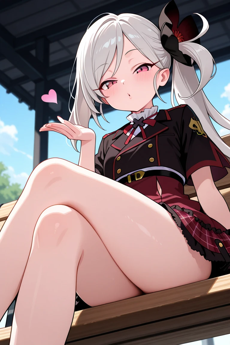 4 Girls with with grey hair, ((fringed and curly hair)),((curly short twintail)), curly hair ,(red eyes), ((small bushy eyebrows)), wearing gothic lolita clothing, lolicon , walking to school, flirty smile,, walking to school, bored look, bored face,, (sitting with legs open lifting her skirt to show her vagina wet with semen),( 4 diferent girls having sex)