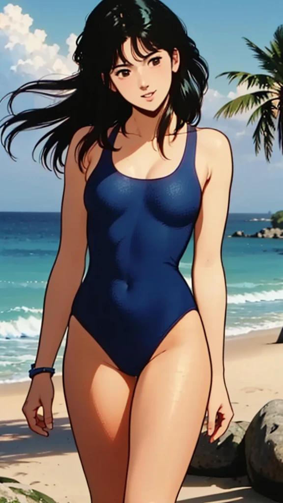 mature woman, aged 50, Brunetette, african characteristics, sculptural body, greeneyes, curly black hair, wearing a very tight top, and with your legs out, wearing only tight and small panties, hyperrealistic  image,  image background a caribbean beach.