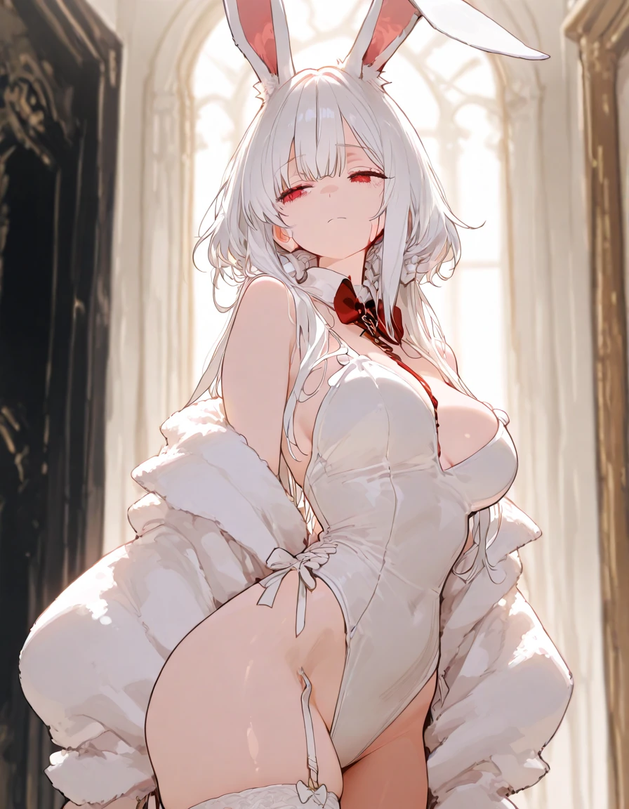 1girl,A young, naked woman with short silver hair, red eyes, a large chest and buttocks, and a seductive smile is spreading her legs inviting a man.
