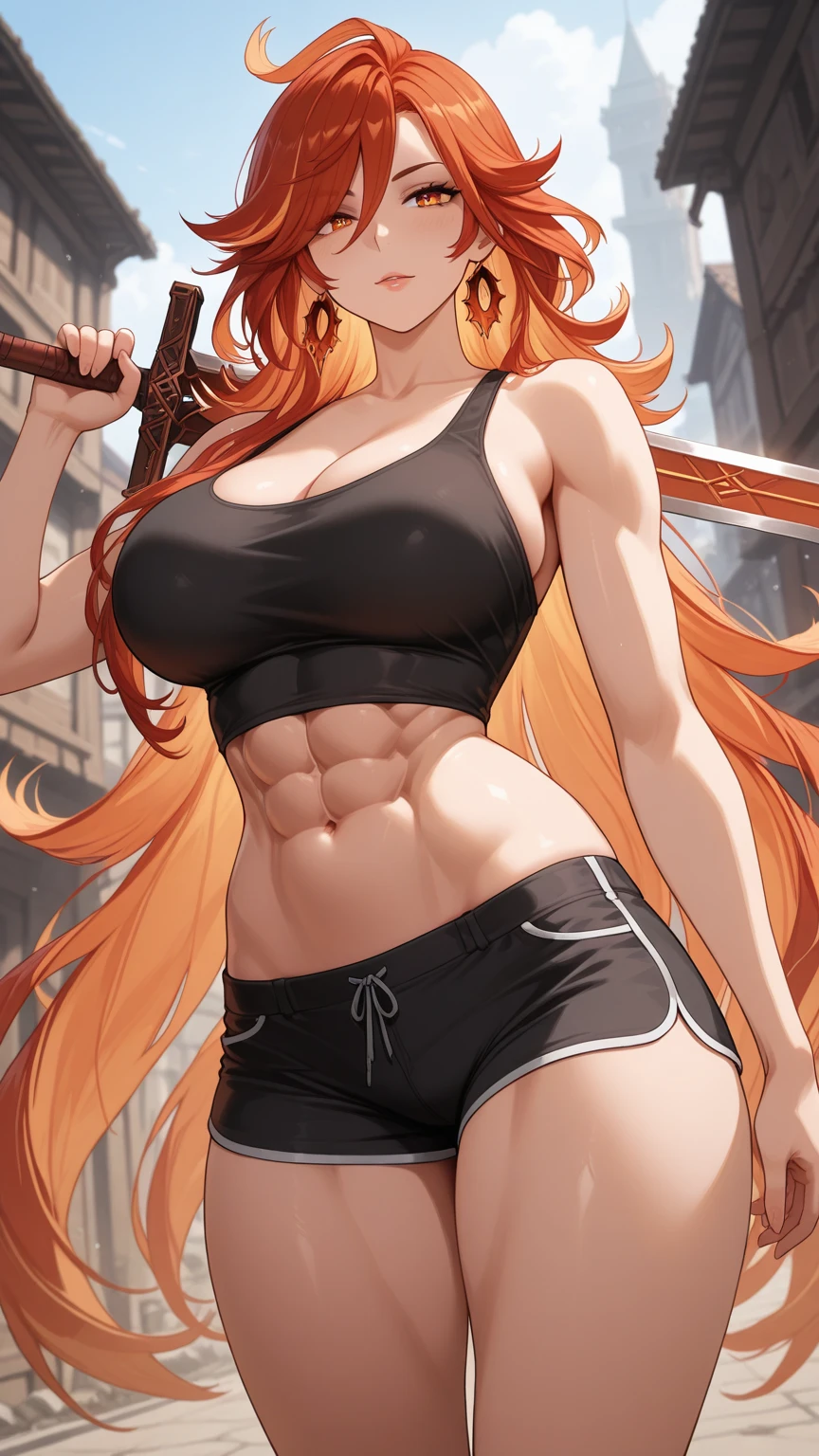 1girl, big chest, huge breasts, large breasts, gym shorts, curvilinear waist, thick thighs, muscular thighs, curvy body, juicy body, gigantic breasts, masssive breasts, muscle thighs, long hair, red hair, pale skinned female, hair tied, pov vision, blue eyes, young female, heavy breasts, full breasts, large ass, full thighs, full ass, gym top, voluptuous body, voluptuous female, abs, body focus, stretching to exercise, huge chest, large chest, large butt, large thighs, stretching her body, lifting her ass, high waisted shorts, pantie edge, bra edge visible
