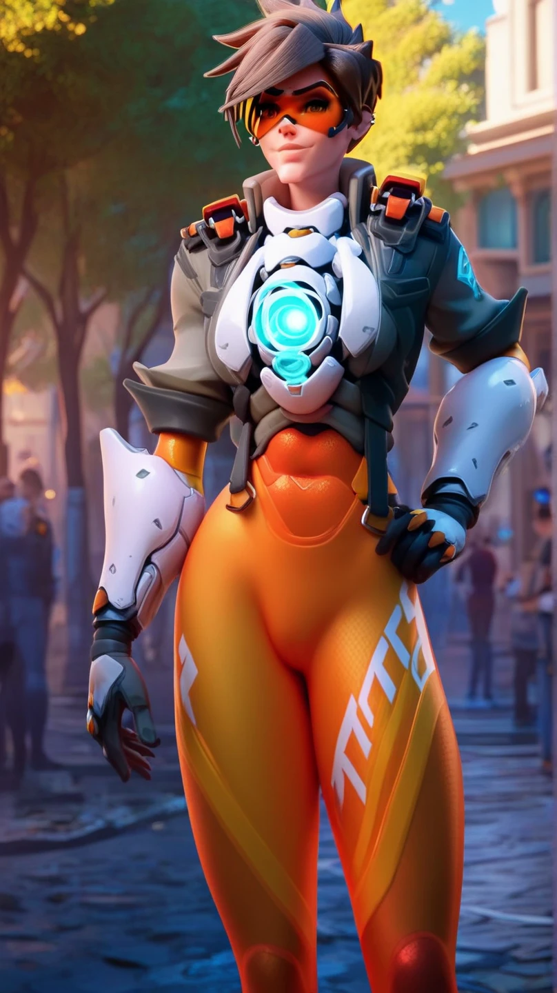 portrait of tracer, close up, 3d, CGI, gwen tennyson, tracer, overwatch, mecha pilot, bodysuit, short sleeve pilot jacket,orange lycra sport leggings, brown lycra sport top, short hair, punk makeup, hazel eyes, multicolored brown hair, happy smile, freckles, beautiful girl, medium breasts,8k,ultra detailed, realistic, fantasy art,cyborg armor,space port, space city, pilot uniform, ear piercings,(weather: windy), futuristic city, (visor, googles), salute stance,