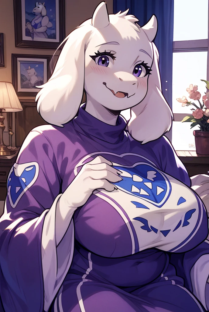 Toriel, 1girl, furry, furry_female, goat_ears, goat_girl, inside, SMILE, Alone, huge tits