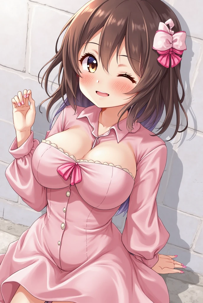 (table top, highest quality, High resolution, , perfect pixel, 4k,), 1 girl, single, alone, Beautiful woman、I could see the whole body、 ((Wavy mid-hair, bangs, brown hair)), ((brown eyes, beautiful eyelashes, realistic eyes)), ((detailed face, blush:1.2)), ((smooth texture:0.75, realistic texture:0.65, realistic:1.1, Anime CG style)), medium breasts, dynamic angle, perfect body, ((, female teacher, , earrings、necklace、Denim Tight Skirt、black knee high stockings、open both legs wide、、shy smile、Sit on the floor、leaning forward)), Upper grade、、、evening、、(You can see the white and pink lace panties and bra、、(Bring your chest and arms together、Lift up your skirt and show your panties、The wind blows up my skirt)、angle from below)、