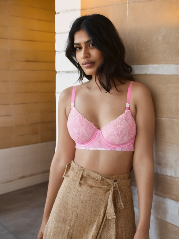 (Kajol, Devgan), view from behind, Masterpiece, a 18 years old beautiful Spanish model, young, tween, ethereal beauty, sexy, seductive nervous smile, slim body, ((full body)), long brown hair, blue eyes, very small breasts, wearing tight salmon pink bra, wearing pink lace