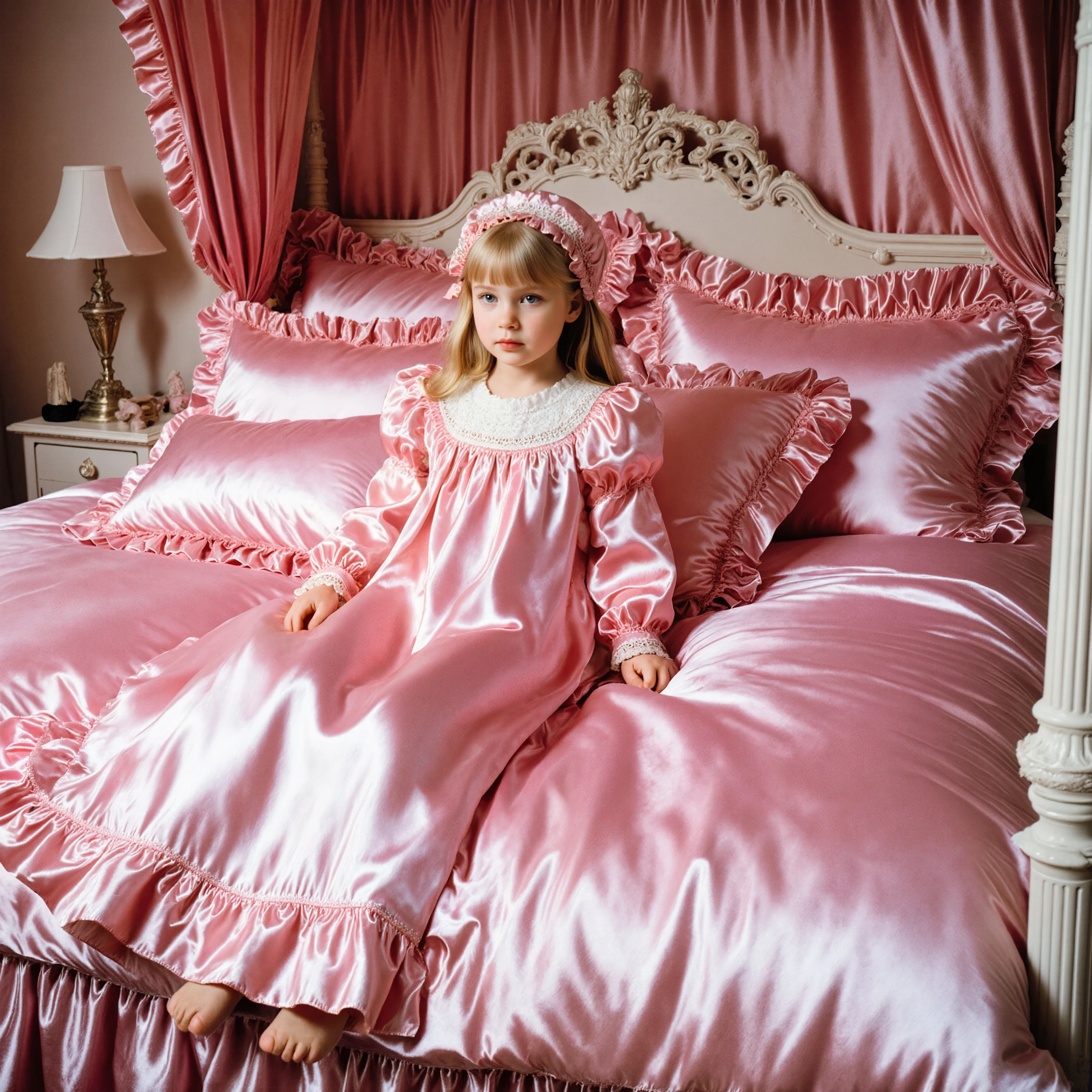 ((A American little girl on the bed,blond long hair,ten years old,plump quilted pink silk satin nightgown,frilled mobcap:1.5)),long sleeves,frilled sleeves,a bed with a mountain of pink silk satin pillows,((sissy pink canopy bed,king size bed,more big bed:2.0)),lot of frilled pillows,more pillows,(( A plump qulited pink silk satin duvet and pillows:2.0)),ruffles lace silk.retro white pipe bed frame, A large silk satin ruffled duvet covers the entire bed,