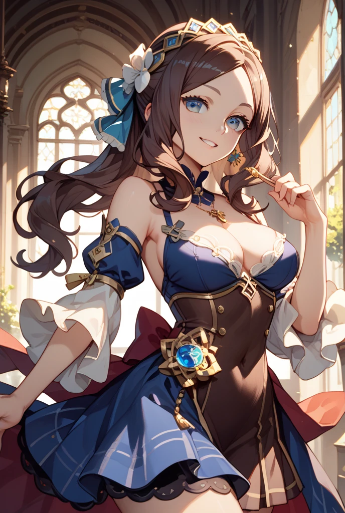 saints,Obsessed,Having fun,in love,Royal Princess Dress,Super Detail,(Beautifully dressed:1.3),Movie Lighting,dark blue stripes,Ruffles,Lace,Jewelry,Floral Decoration,Fabric and metal headdress,In the room,Alone,