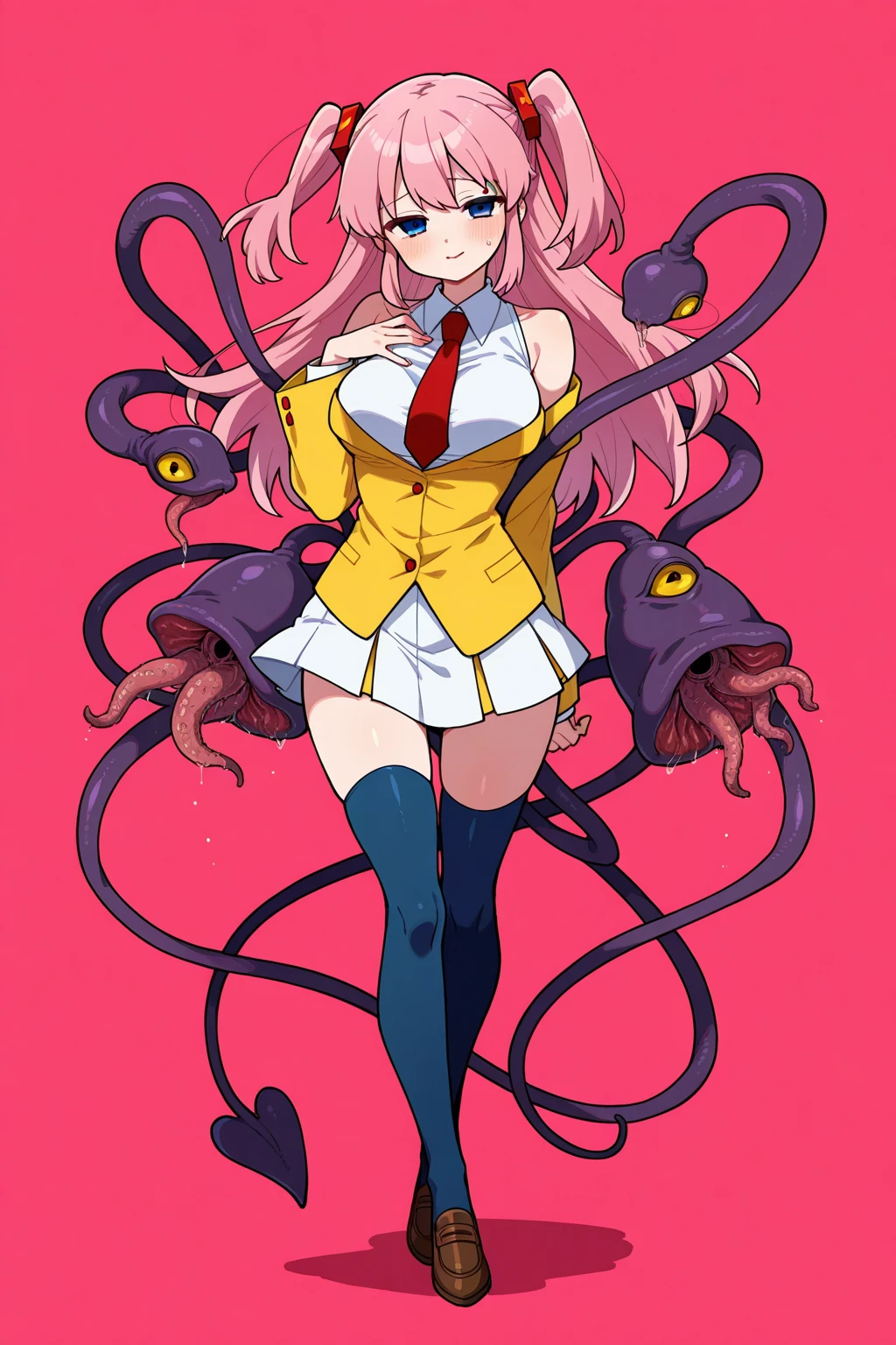 ((best quality)), ((highly detailed)), absurdres, (detailed eyes),1girl,20 years old,solo,long hair,pink hair,(((white shirt,black standart tie,black skirt))),dynamic pose, cowboy shot, (((scylla))), (((octopus girl))), standing, (tentacles:1.33), (suction cups:1.33), (fused:1.33), ((tentacle legs)), squidlegs, ((underwater,sea, aurora,night)),leaning forward, serious,cute,reaching out